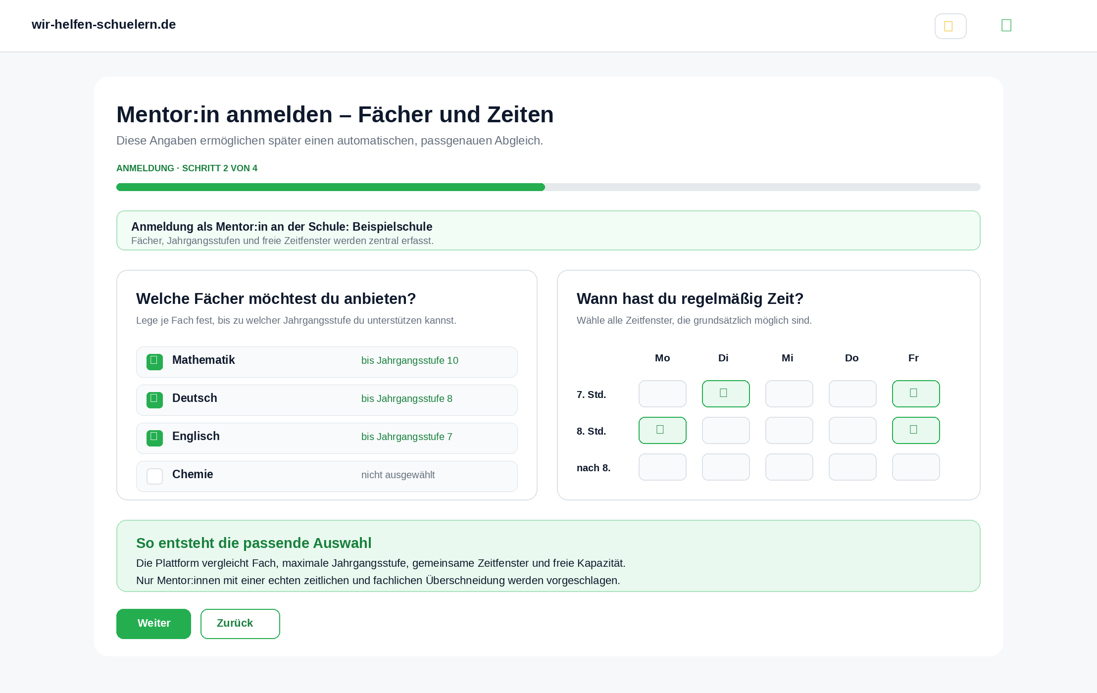 Mentorinnen und Mentoren geben Fächer und verfügbare Zeiten an