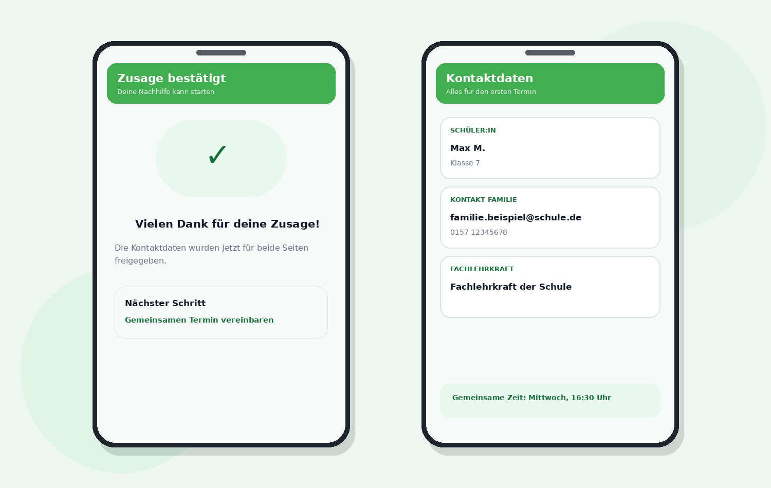 Bestätigung mit Kontaktdaten und nächsten Schritten