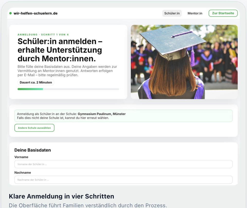 Digitale Schüleranmeldung mit Basisdaten und Fächern